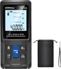 A black laser distance meter with a digital display and buttons, shown next to a black carrying pouch. Produktbild-Vorschau