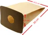 A brown paper vacuum cleaner bag with dimensions indicated by red arrows and text. Produktbild-Vorschau