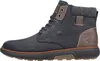 A side view of a blue leather boot with brown accents. Voir les images du produit