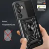 A hand holding a black smartphone case with a ring holder and camera cover. Produktbild-Vorschau