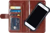 A brown leather wallet-style phone case with a white smartphone inside, showing credit cards and a driver's license. Produktbild-Vorschau