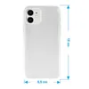 A transparent phone case is shown with dimensions indicated by blue lines and text. Produktbild-Vorschau