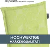 A close-up of a green cushion with a white leaf pattern, featuring text overlays. Produktbild-Vorschau