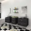 A modern bathroom with two vanities, sinks, mirrors, and shelves. Produktbild-Vorschau