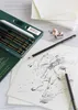 A set of Faber-Castell graphite pencils and drawing supplies are laid out on a table with a sketch of a horse and rider in progress. Podgląd zdjęcia produktu