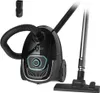 A black vacuum cleaner with its accessories is displayed against a white background. Produktbild-Vorschau