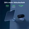 A solar panel and a security camera are mounted on a wall, with text highlighting battery life improvements. Produktbild-Vorschau