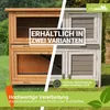A split image showing two different color variations of a two-story rabbit hutch, set against a grassy outdoor background. Produktbild-Vorschau
