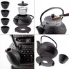 A collage of images showing a Japanese cast iron tea set, including a teapot, cups, and a coaster. Podgląd zdjęcia produktu