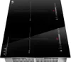 A black induction cooktop with two cooking zones, displayed from a high angle on a white background. Voir les images du produit