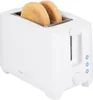 A white two-slice toaster with two pieces of bread inside. Produktbild-Vorschau