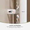 A close-up view of a radiator bracket attached to a wall, with measurements indicating adjustability. Produktbild-Vorschau