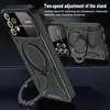 A black phone case with a ring stand is shown from multiple angles, highlighting its features. Produktbild-Vorschau