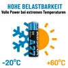 A battery is shown between a snowflake and a sun symbol, indicating its performance in extreme temperatures. Produktbild-Vorschau