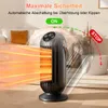 A space heater is shown in a living room setting, emitting heat. Produktbild-Vorschau