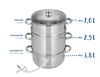 A multi-tiered stainless steel juicer with labels indicating the capacity of each section. Produktbild-Vorschau