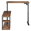 A rustic brown adjustable standing desk with a side shelving unit, presented against a white background. Produktbild-Vorschau