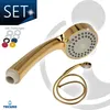 A gold-colored hand shower and a gold-colored hose are displayed against a white background. Several colored rings are shown in the upper left corner. Produktbild-Vorschau