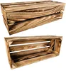 Two wooden crates are shown against a white background. The top crate is closed and viewed from the side, while the bottom crate is open and viewed from the front. Produktbild-Vorschau