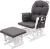 A dark gray fabric glider chair and ottoman set with a white wooden frame, shown against a white background. Produktbild-Vorschau