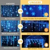 A collage comparing two types of LED snowflake string lights, highlighting features like size, waterproofing, and timer functionality. Náhled obrázku produktu