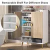 A bathroom cabinet with doors open, displaying shelves with various items like bottles, jars, and towels. A close-up inset shows adjustable shelves. Produktbild-Vorschau