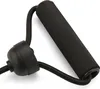 A close-up of a black exercise equipment handle with a foam grip and a black elastic cord attached. Náhled obrázku produktu