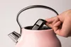 A hand is inserting a tea strainer into a pink kettle. Produktbild-Vorschau