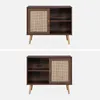 Two images of a dark wood sideboard with a rattan front panel and angled legs, presented against a white background. Anteprima dell’immagine prodotto