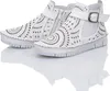 A pair of white ankle boots with intricate cut-out patterns and a buckle detail, displayed on a reflective white surface. Anteprima dell’immagine prodotto