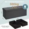 A dark gray storage bench with dimensions and weight capacity indicated, along with two separate storage boxes shown below. Náhled obrázku produktu