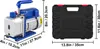 A vacuum pump and its carrying case are shown with dimensions indicated by measurement lines and text. Anteprima dell’immagine prodotto