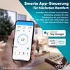 A hand holding a smartphone displaying a thermostat app, with promotional text and logos in the background. Produktbild-Vorschau