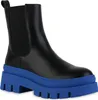 A single black boot with a bright blue platform sole is shown against a white background. Produktbild-Vorschau