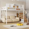 A loft bed with a sofa underneath, set up in a room with decorative elements. Produktbild-Vorschau