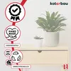A wooden cabinet with two potted plants on top, with marketing icons and text on the left. Náhled obrázku produktu