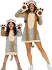 Mutter und Tochter im passenden Leopard Kostüm mit Kapuzenkleid und Pfoten-Fäustlingen, gemeinsam in fröhlicher Pose. Produktbild-Vorschau
