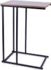 A side view of a narrow side table with a wooden top and black metal legs.