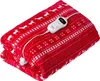 A folded red electric blanket with a white reindeer and snowflake pattern, featuring a white controller with a digital display. Podgląd zdjęcia produktu