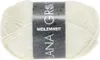 A ball of white yarn with a label wrapped around it. Produktbild-Vorschau