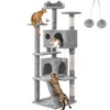A multi-level cat tree with several cats interacting with it, set against a white background. Produktbild-Vorschau