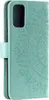 A teal flip phone case with a mandala pattern embossed on it, shown from the side. Produktbild-Vorschau