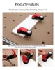 A workbench with a white board being clamped down by red and black clamps. Below are three close-up shots demonstrating how to use the clamps. Produktbild-Vorschau