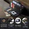 A wallet-style phone case is shown open, displaying its card slots and zippered compartment. Below the case are four circular graphics highlighting features: a logo, a close-up of card slots, a phone in kickstand mode, and a wallet with cards and cash. Produktbild-Vorschau