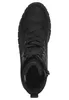 A top-down view of a black boot.