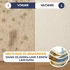 A split image showing a dirty carpet on the left and a clean carpet on the right, with text and a diagram highlighting cleaning features. Produktbild-Vorschau