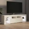 A white TV stand with a large black TV on top, set against a gray wall with a curtain. Náhľad obrázku produktu