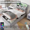 A bed with storage and LED lighting, along with a smartphone showing RGB color options and remote control with function icons. Anteprima dell’immagine prodotto