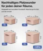 Four different sizes of storage boxes are displayed with their dimensions and capacities. Produktbild-Vorschau