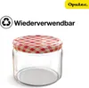 A clear glass jar with a red and white checkered lid, with a recycling symbol and German text indicating reusability. Produktbild-Vorschau
